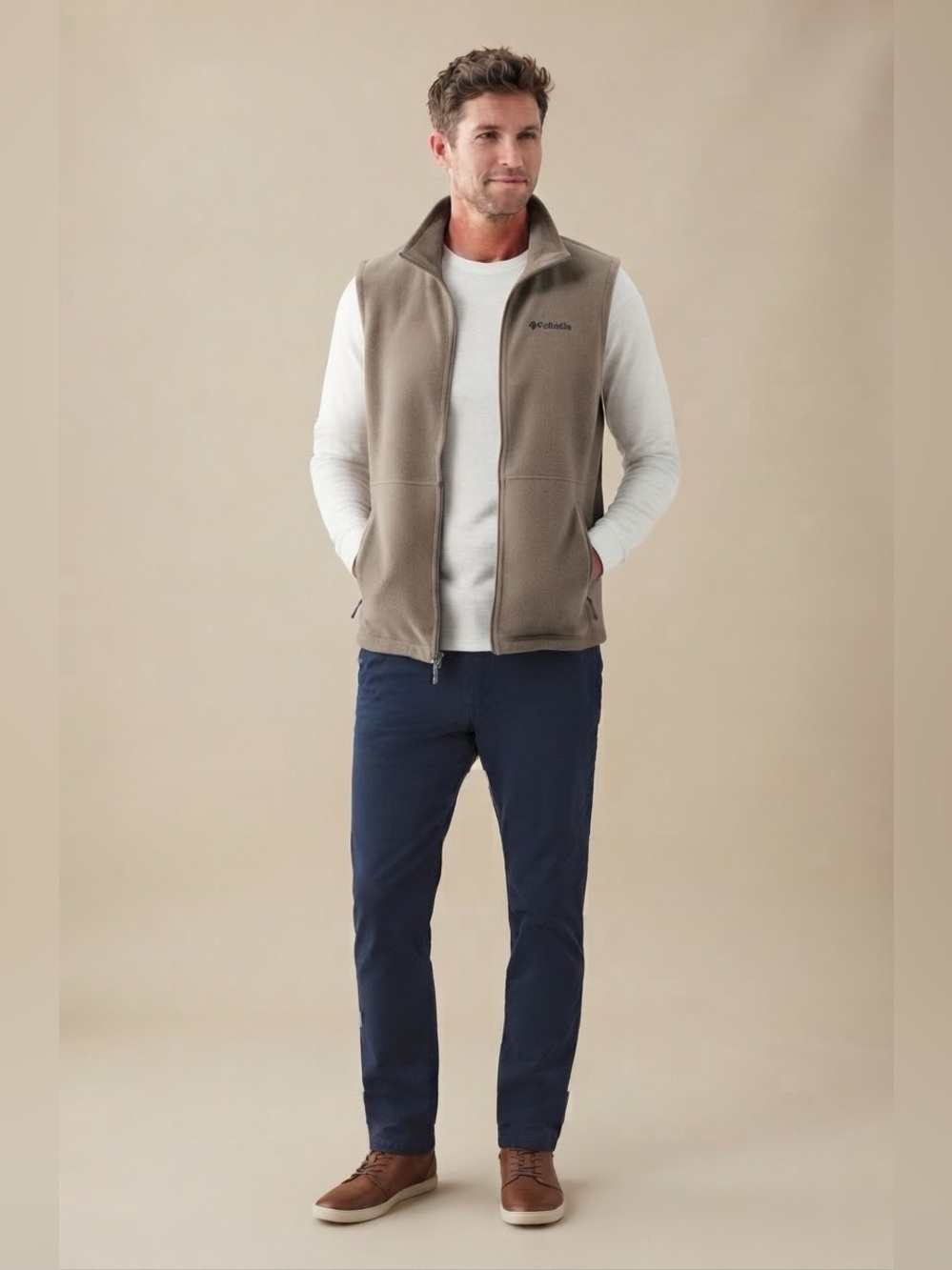 Columbia Mens Tan Full Zip Fleece Vest Pockets WM1480 Size Large